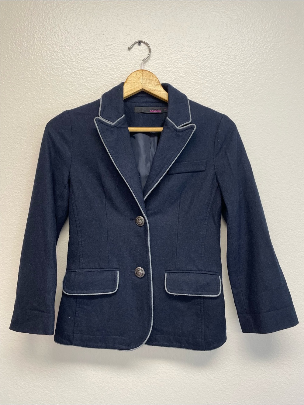Nautical Sashimi Women’s Small Wool Blend Navy Blazer Suit Jacket Pockets Preppy